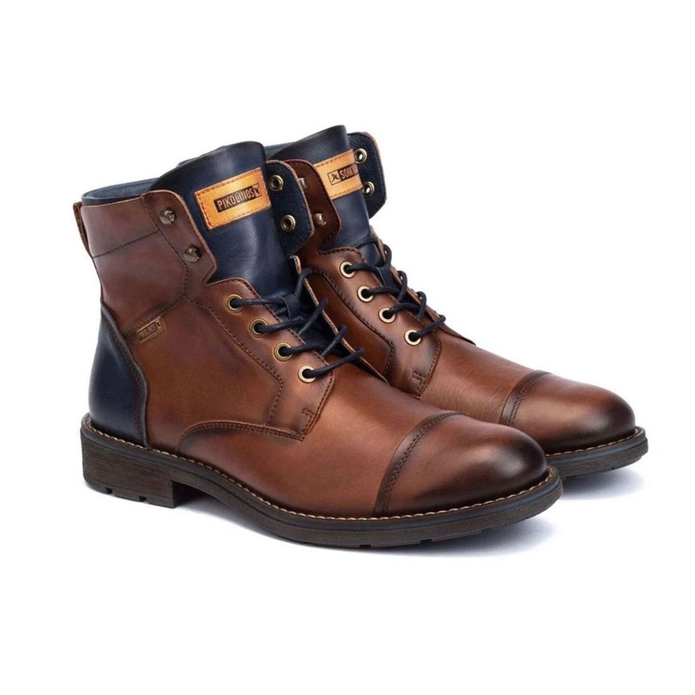 Pikolinos Mens Brown Leather Cap Toe Combat Boots Side Zip Made in Portugal 44